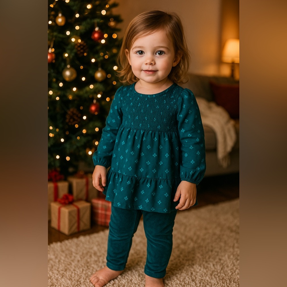 Wonder Nation Hunter Green Smocked Dress & Jumping Beans Velour Leggings Size 3T